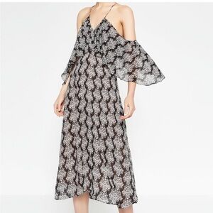 Zara Black and White Midi Chiffon Dress Tie Back Fully Lined Boho Chic Size S